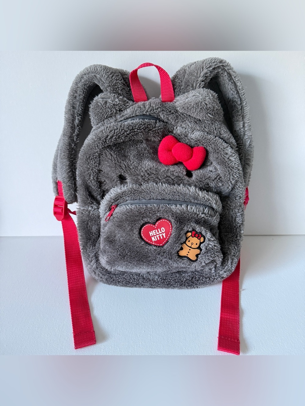 SANRIO HELLO KITTY 2017 Plush Kids Backpack Dark Gray Cat Heart Teddy 11"x9"
